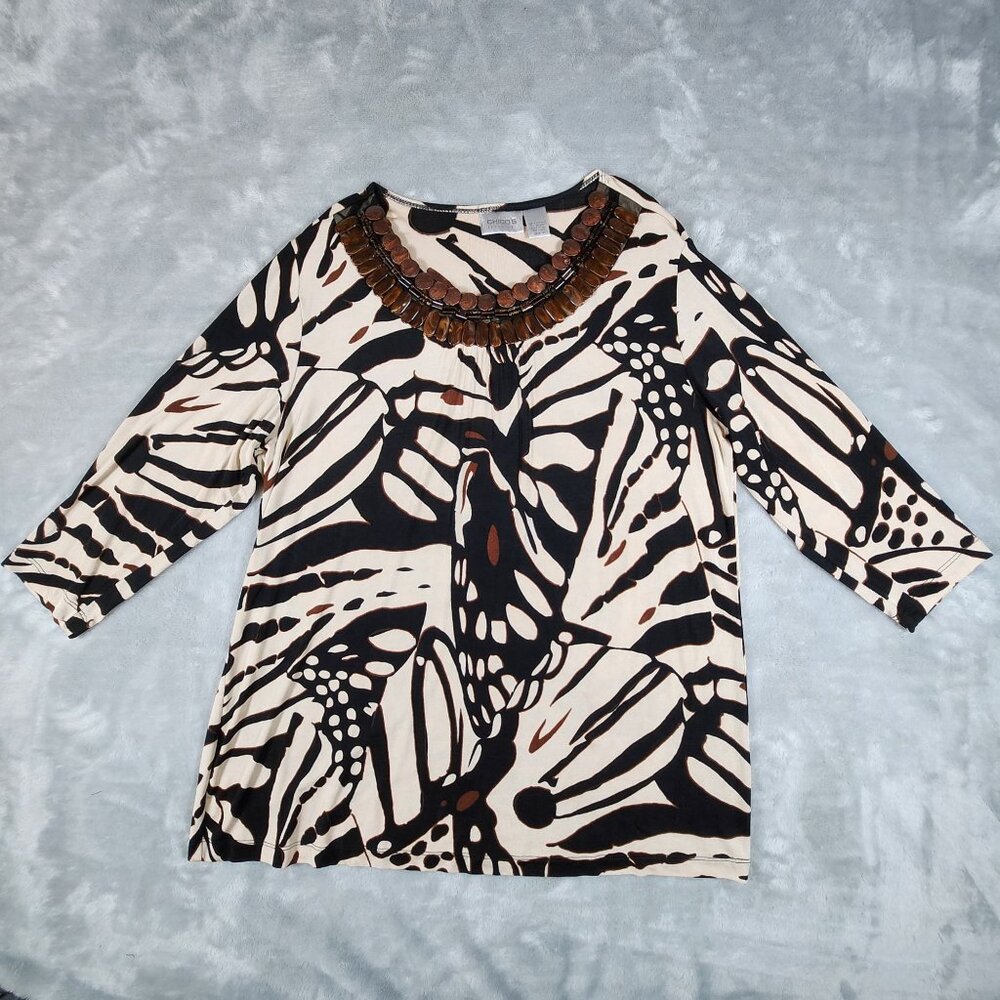 Chicos Travelers Liquid Knit Tunic Top 3 XL Brown Beaded Abstract Print Slinky